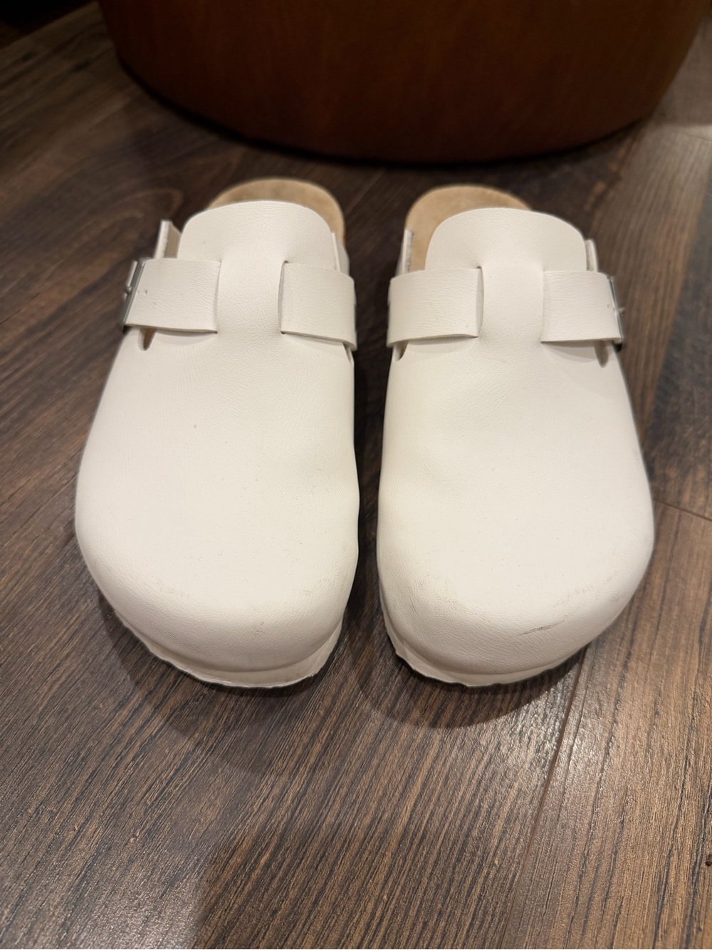 Comfort-First White Slip-On Clog Mules with Buckle Accent